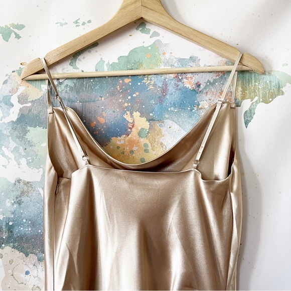 Birdy Grey Dress Size Medium Gold Satin Spaghetti Strap Cowl Neck Ruched Formal - Picture 8 of 12